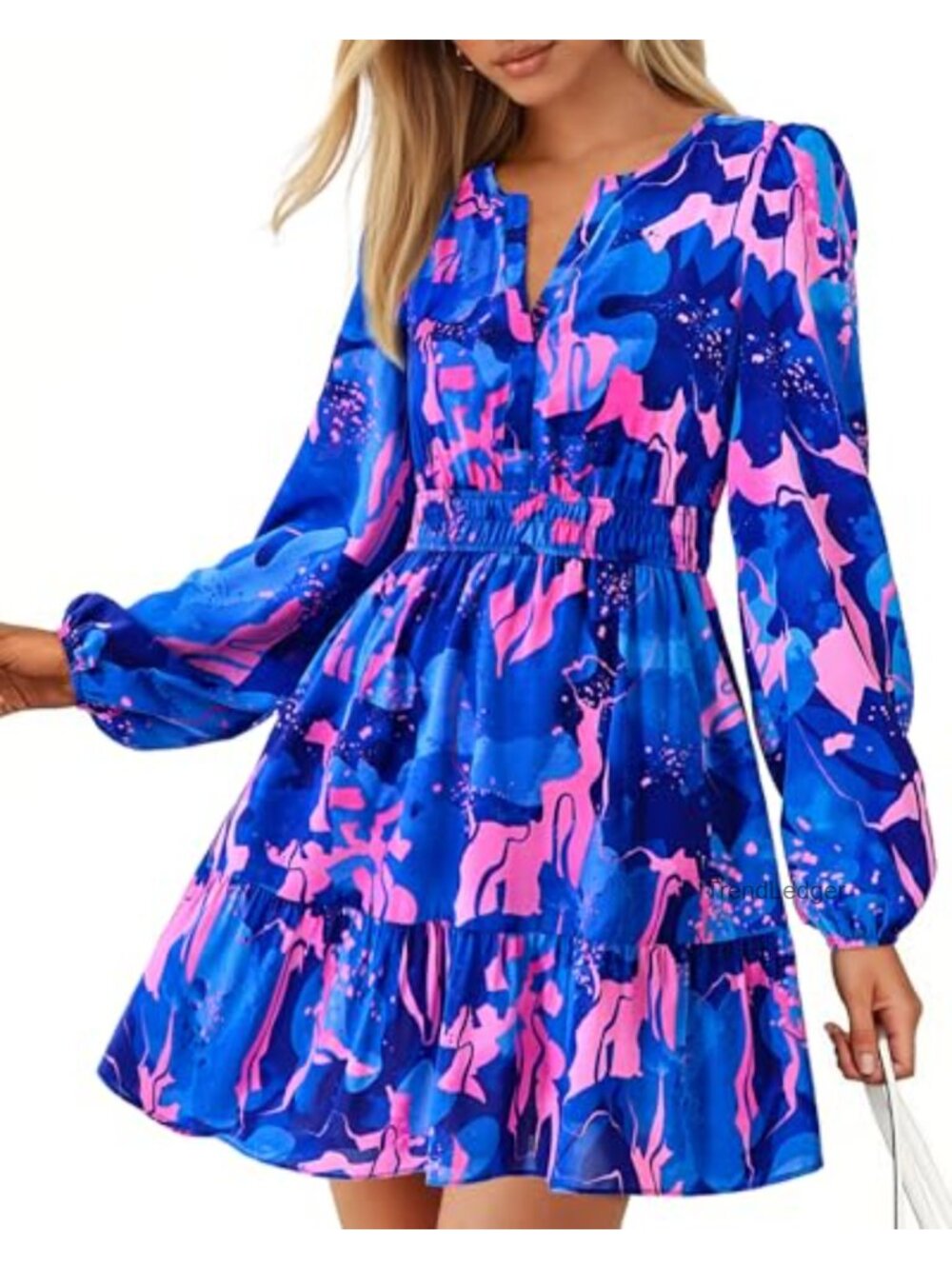 Long Sleeve Mini Dress V Neck Elastic Waist Flowy A-Line